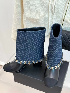 Botas de Mujer de Diseño de Lujo, Punta Redonda, Cuero Genuino, Tacón Grueso, Malla Vaquera, Cadena Metálica, Tacón Alto a Media Pierna - Product Image 5