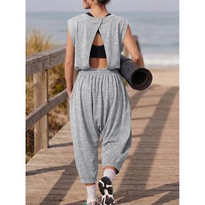 Mono casual sin mangas para mujer, de verano, de cintura alta, con cordón, holgado, de punto, para hacer ejercicio, de una pieza, transpirable - Product Image 2