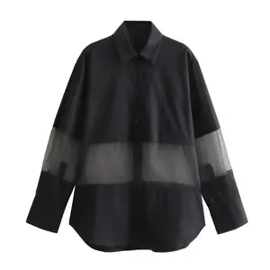 Turn down collar black color mesh patchwork design tops women's stylish blouses & shirts
