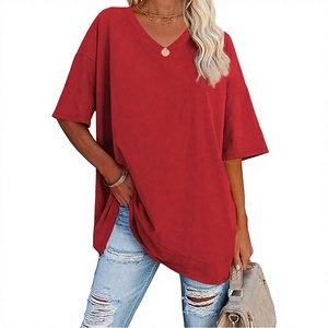 65% Cotton 35% Polyester Breathable Streetwear Plain Dyed Knitted Women Loose Oversize Crew Neck T-Shirts - Product Image 3