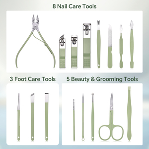 Kit de manucure et pédicure 16 en 1, vert clair, en acier au carbone, ensemble de soins des ongles avec étui en cuir PU, coupe-ongles, outil de toilettage pour les voyages - Product Image 3