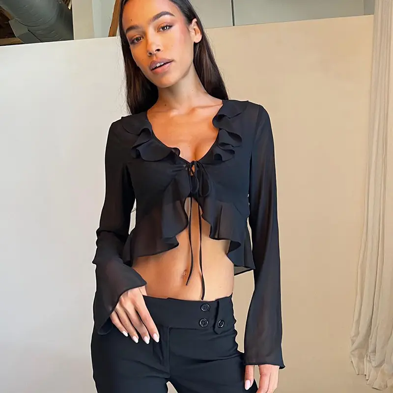 King Mcgreen star nuovo arrivo donna Ruffles scollo a V manica lunga top Sexy Mesh see through crop top Streetwear abbigliamento autunnale