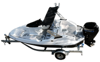 Bateau de luxe à coque blanche et fond noir, mini-yacht 6 places, bateau de surf, moteur hors-bord, bienvenue pour les agences, visites d'usine