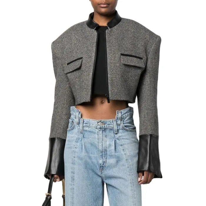 Benutzer definierte Langarm Band Kragen Leder be sätze Wolle Mischung zwei Brust Keder Taschen kurze Jacke für Frauen