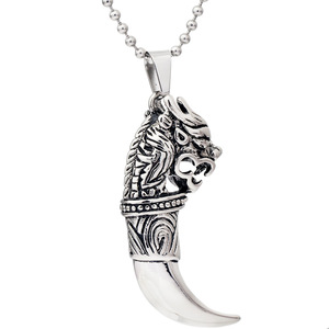 Collar con colgante de diente de dragón de acero inoxidable para hombre, joyería de moda con signo del zodiaco, color acero 304 con cadena de 60 cm - Product Image 1