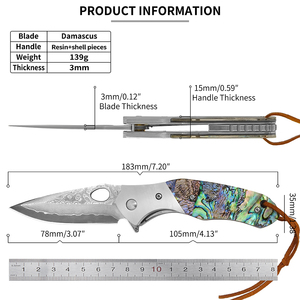 Cuchillo Plegable Táctico de Supervivencia para Camping al Aire Libre con Hoja de Acero de Damasco OEM y Mango de Abulón - Product Image 2