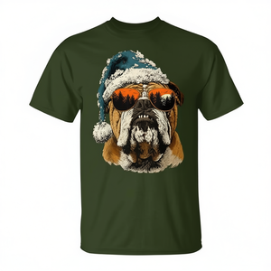 T-shirt de Noël pour bouledogue anglais avec lunettes de soleil et chapeau de Père Noël, motif de chien festif - Product Image 2
