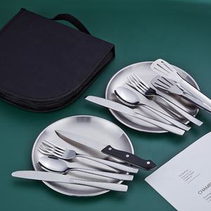 طقم أدوات طعام من الفولاذ المقاوم للصدأ مصقول كالمرآة لشخصين مع صحن وملعقة وسكين وشوكة للتخييم والنزهات الخارجية - Product Image 3