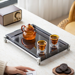 Guanlan Acrylic <b>Tea</b> <b>Tray</b> Rectangular Black With Aluminum Base Elegant For Home Use - Product Image 3
