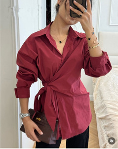 Chemise en coton à lacets sur le côté, style européen et américain, coupe amincissante polyvalente pour taille XL - Product Image 5