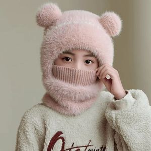 Children's Knitted Hooded Neck Warmer With Bear <b>Ears</b> Warm Winter Hat For Boys And Girls 4-10 Years Old Beige - Product Image 2