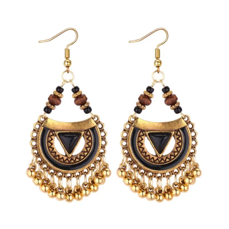 Brincos étnicos vintage estilo indiano com miçangas coloridas e boêmio para noivas, brincos de borla Jhumka com contas de neve para mulheres