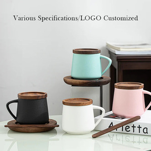 Taza de té de café con agua WeWood de Vietnam, tapa abatible, taza de porcelana de cerámica, tapa de madera y posavasos - Product Image 3