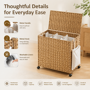 Cesto de Lavandería con Ruedas y Tapa, Cesto de Ratán de 3 Secciones para la Ropa con 3 Bolsas Interiores Extraíbles - Product Image 2