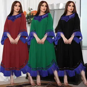 2023 New Muslim Women Long Sleeve Robe Dresses With Tassels Middle East Stylish Sequin Shimmer Clothing Dress Abaya Maxi Kaftan