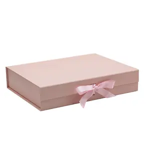 Custom Ribbon Knot Slot Shallow Pink Magnetic Flap Rigid Gift Box Cardboard Packaging