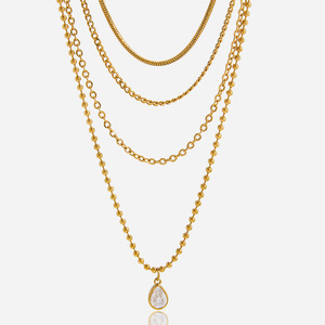Collier multi-couches en acier inoxydable avec pendentif goutte d'eau, design géométrique, pour femmes, bijoux tendance - Product Image 1