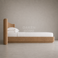 Cadre de lit en chêne massif rainuré vertical, style moderne minimaliste, avec table de chevet ronde assortie, meubles de chambre à coucher complets