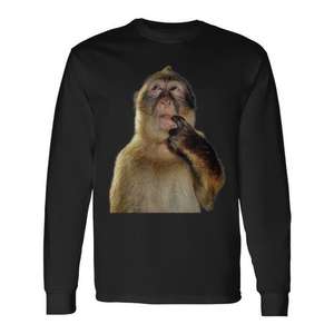 Thinking Monkey Meme Camiseta de manga larga unisex para adultos, talla grande, diseño de cuello redondo de algodón negro - Product Image 1
