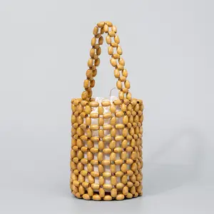 Processing Summer Niche Ladies Portable Bucket Bag Drawstring Woven Bag Fashion Wooden Bead Beach Bag