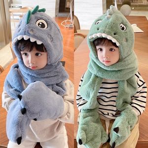 Gorro cálido de invierno Bufanda de felpa de dinosaurio lindo Conjunto de tres piezas Sombreros para niños - Product Image 2