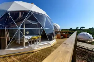 Tenda Glamping rumah tenda gurun, dekorasi Hotel ramah lingkungan PVC panas tahan air transparan Geodesic bulat kubah Glamping tenda gurun rumah