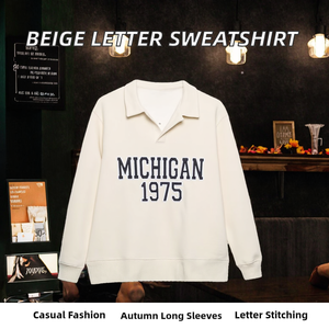 Breathable Autumn Letter Embroidery Long Sleeve Turn Down Collar Beige Color Casual Knitted Fashion Sweatshirt for Women - Product Image 2