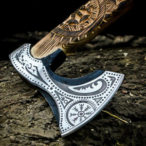 Hache Viking artisanale, tête en acier inoxydable, manche en bois enveloppé, hachette de coupe tactique et de survie multifonctionnelle, hache Viking - Product Image 4