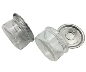 Venta al por mayor listo para enviar olla pequeña lata de grado alimenticio sellable tarro de plástico transparente con tapa de apertura fácil y cubierta de goma