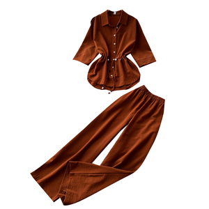 Conjuntos Casuales de 2 Piezas para <span class=keywords><strong>Mujer</strong></span>, Camisa de Manga 3/4 con Cuello y Cordón en la Cintura, Pantalones Anchos con Cintura Elástica, Conjuntos de Primavera/Verano - Product Image 5