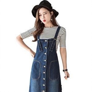 Robe Salopette en Jean pour Femme avec Boutons et Poches Avant, Coupe Évasée, Longueur Midi, Style Décontracté Printemps, Couleur Unie, Haut Rayé Inclus - Product Image 2