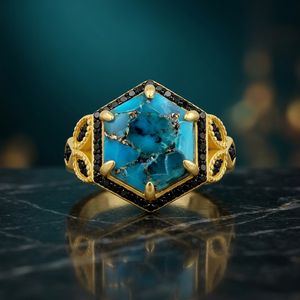 GOURIK Natural Turquoise <b>Black</b> Spinel Vintage Bohemian Style 925 Sterling Silver Gold Plated Women's Engagement Wedding <b>Ring</b> - Product Image 3