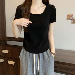 T-Shirt da donna 2025 estate elegante e asimmetrica a maniche corte stile Casual nero t-Shirt all'ingrosso con scollo a girocollo - Product Image 5