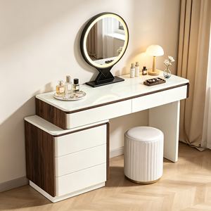 Coiffeuse moderne blanche avec miroir LED rond, meuble de rangement et tabouret pour chambre à coucher - Product Image 1
