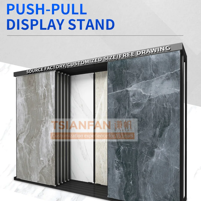 Showroom Horizontal Sample Pull Push Marble Wall Slab Display Stand Wood Floor Ceramic Tile Artificial Stone Sliding Metal Rack