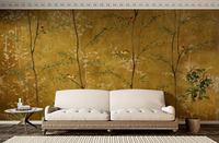 Papier peint vintage brun doré, papier peint forêt, papier peint personnalisé avec branches d'arbres, feuilles vertes, papier peint botanique pour salon, villa, hôtel