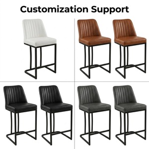 Taburete de Barra Moderno Estilo Ático con Estructura Cuadrada de Acero y Asiento de Cuero Ranurado para Salas Públicas Universitarias - Product Image 1