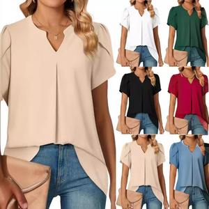 เสื้อเชิ้ตสีพื้นแขนกลีบดอกไม้คอวีเรียบง่ายและทันสมัยสำหรับฤดูร้อน2025 - Product Image 1