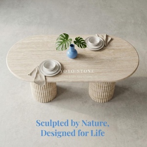Tavolo da Pranzo in Travertino Lucidato, Forma Ovale Morbida con Colonne Romane Scanalate, Design Minimalista Moderno per Villa e Appartamento - Product Image 1