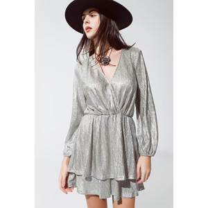 Abito lungo avvolgente a maniche lunghe con balze argento - Product Image 3