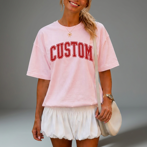 T-shirts à col rond personnalisés de haute qualité à motif à pois et à carreaux, avec logo personnalisé, style universitaire surdimensionné pour femmes, coupe ample avec motif graphique - Product Image 2