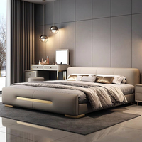 Lit en cuir véritable de style italien haut de gamme, atmosphérique, moderne, minimaliste, avec un grand sac souple, cadre en bois pour un luxe léger, chambre principale