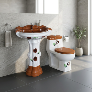 Toilette monobloc colorée de qualité supérieure avec ensemble de lavabo sur pied articles sanitaires en porcelaine salle de bain WC et lavabo combiné - Product Image 3