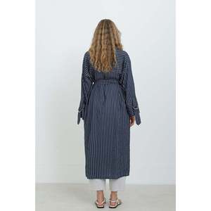Puane Women's Elegant <b>Navy</b> Blue Striped Tunic Shirt with Adjustable Belt and <b>Tie</b>-Detail Sleeves for Casual and Office Wear - Product Image 3