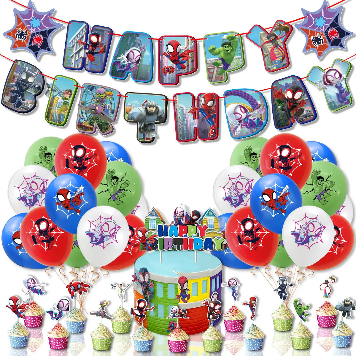 चमत्कार दोस्तों जन्मदिन पार्टी सजावट सेट स्पाइडर-मैन पुल फ्लैग केक सम्मिलित निकास गेंद पार्टी आपूर्ति