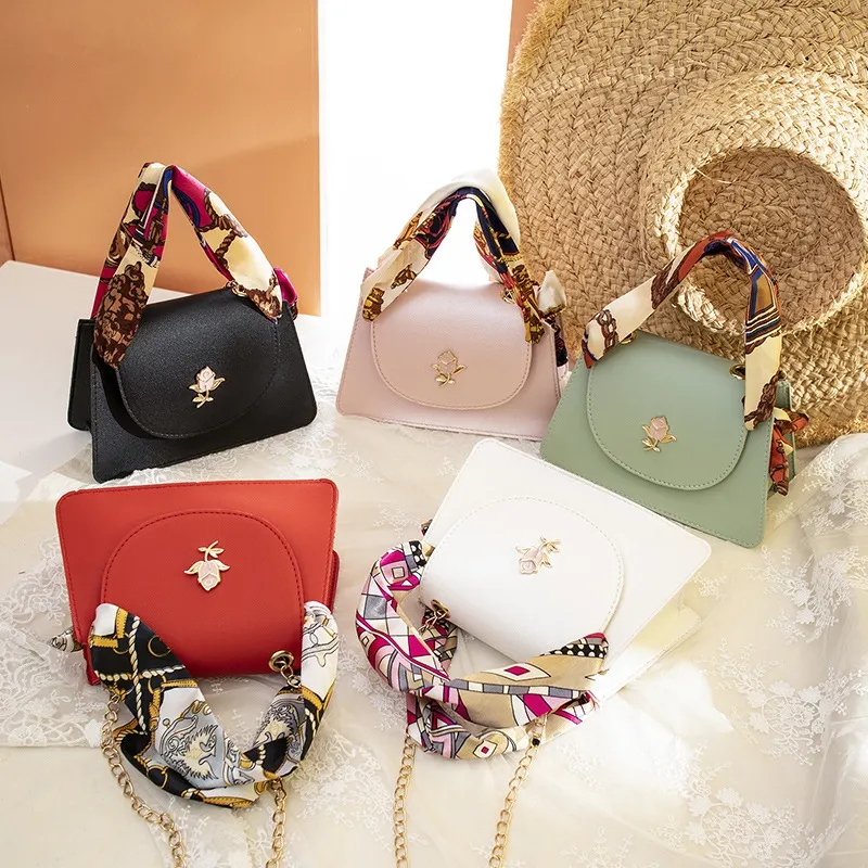 Rose Decoration Fashion Girl Silk Scarf Handle Small Bags Chain Shoulder Messenger Chain Bag Purses