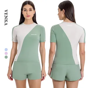 Rahat spor giyim kadın Slim Fit renk engelleme hafif koşu T Shirt kısa kollu spor Fitness gömlek üst bayanlar için