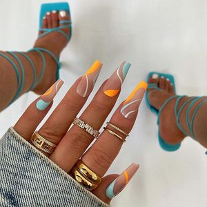 <span class=keywords><strong>Ongles</strong></span> longs tendance Y2K, style ballerine, à presser, orange <span class=keywords><strong>turquoise</strong></span>, ligne française ondulée, couverture complète, <span class=keywords><strong>faux</strong></span> <span class=keywords><strong>ongles</strong></span> réutilisables, manucure pour femmes - Product Image 1