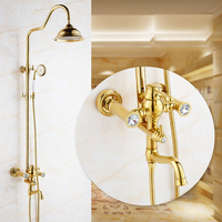 Ensemble de douche Antique européen de luxe classique robinet cascade ronde pommeau de douche de pluie mélangeur de couleur dorée douche en laiton