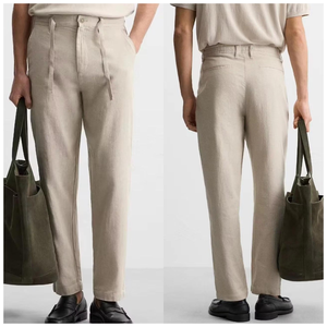 <span class=keywords><strong>Pantaloni</strong></span> Eleganti Casual da Uomo <span class=keywords><strong>Slim</strong></span>-<span class=keywords><strong>Fit</strong></span> Personalizzati OEM, in <span class=keywords><strong>Lino</strong></span> Vintage a Vita Alta con Coulisse, Gamba Dritta, per Completo Formale - Product Image 3